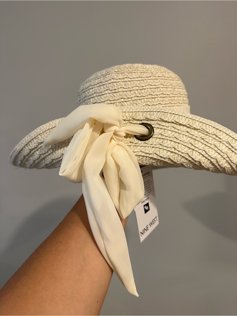 Nine West Cream Wide-Brim Straw Sun Hat with Fabric Band - Picture 2 of 3